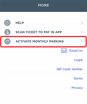Parking Whiz screen highlighting Activate Monthly Parking